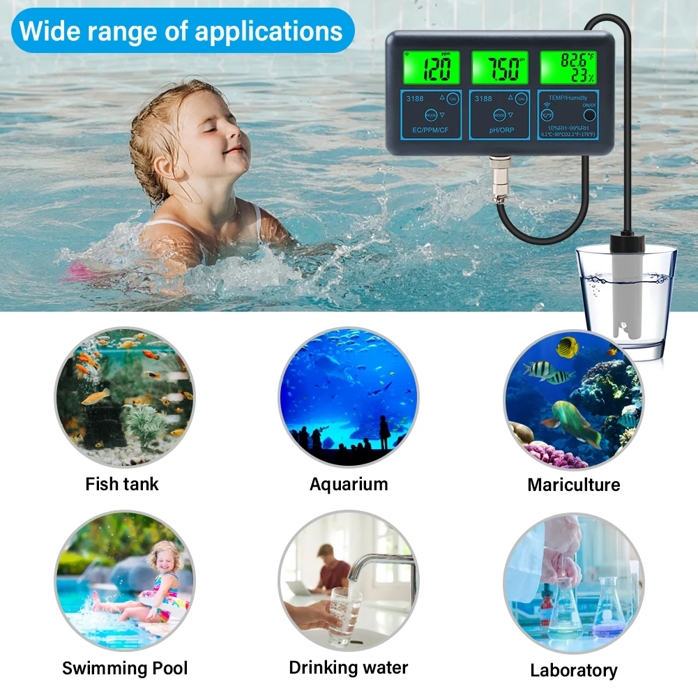 Sasha PH тестер Контролер EC-проводимост, тестер за качеството на водата 7-в-1, онлайн монитор, анализатор за почистване на аквариума, хидропоника