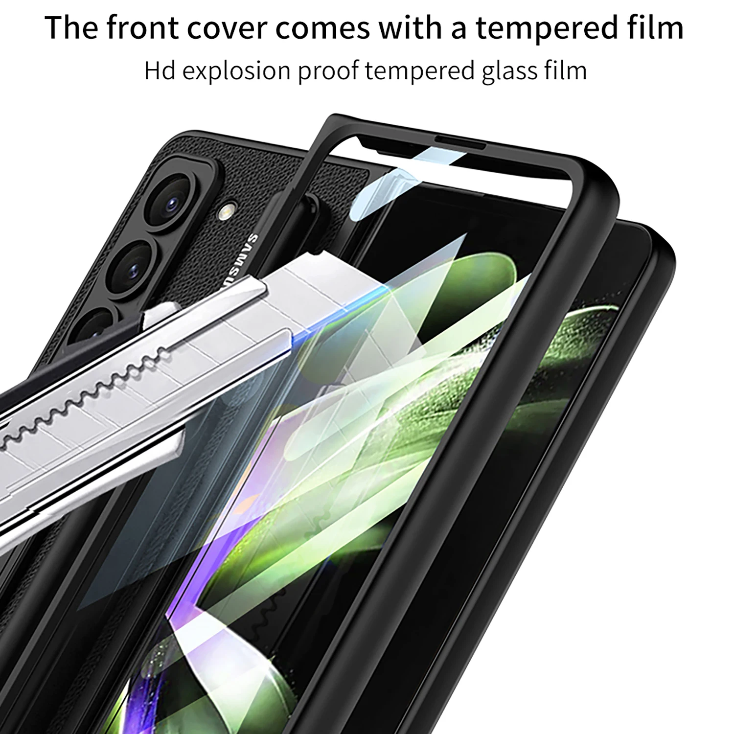 За Samsung Galaxy Z Fold 5 Калъф ултра тънък обикновен кожен матово скоба с притежателя на дръжката Сгъваем устойчив на удари калъф от закалена филм