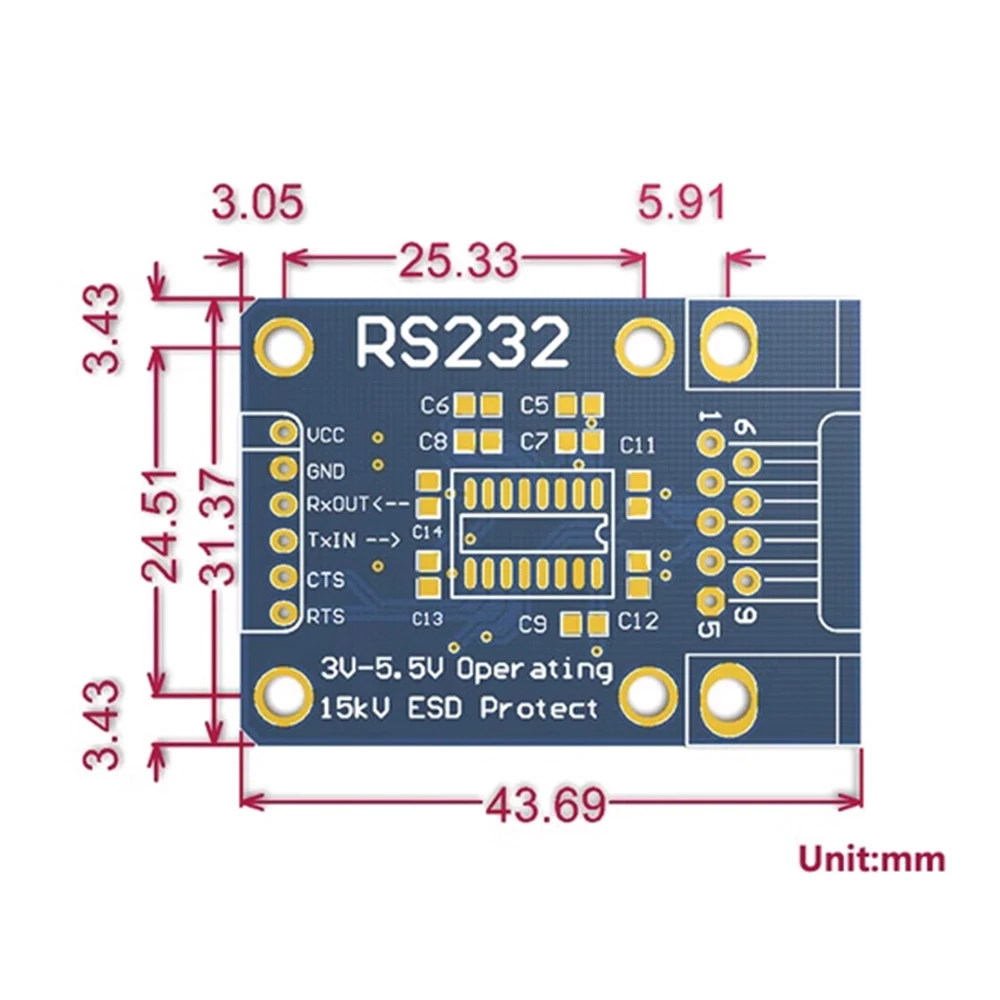 Модул за сериен порт RS232 към TTL, модул за сериен порт RS232 към UART SP3232, кабели ESD 6Pin DuPont Wire