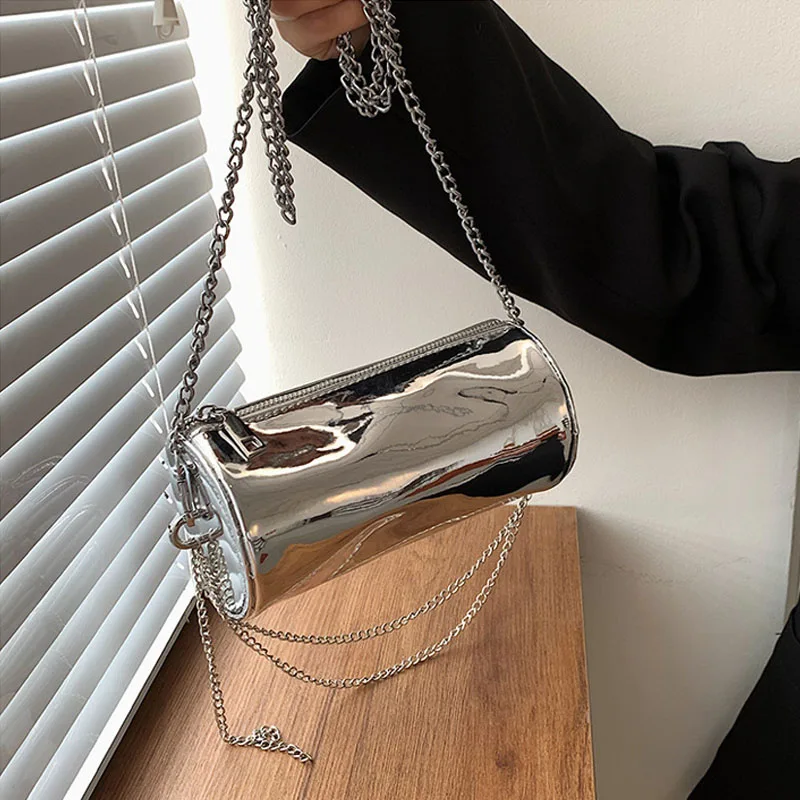 Сребърна чанта през рамо за жените, Нови Модни Дамски чанти през рамо, Дизайнерски Цилиндрични чанти, Дамски портфейл