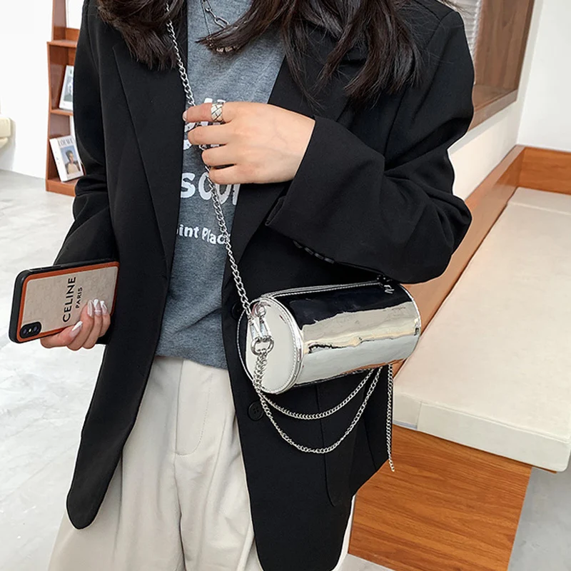 Сребърна чанта през рамо за жените, Нови Модни Дамски чанти през рамо, Дизайнерски Цилиндрични чанти, Дамски портфейл