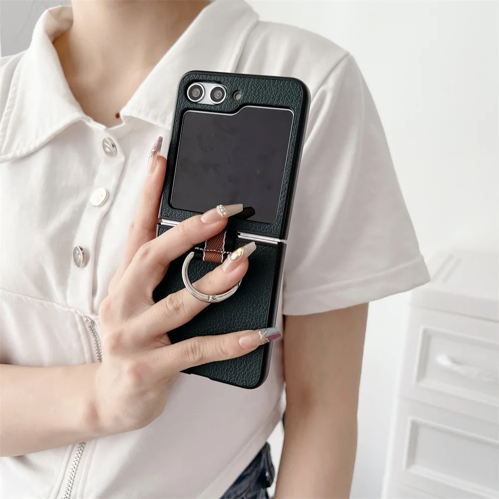 Ретро Кожен Калъф С Шарени Skinfeel Ring Case За Samsung Galaxy Z flip5 Z flip4 Z flip3 4 5 Сгъваема Защита на Обектива устойчив на удари Калъф