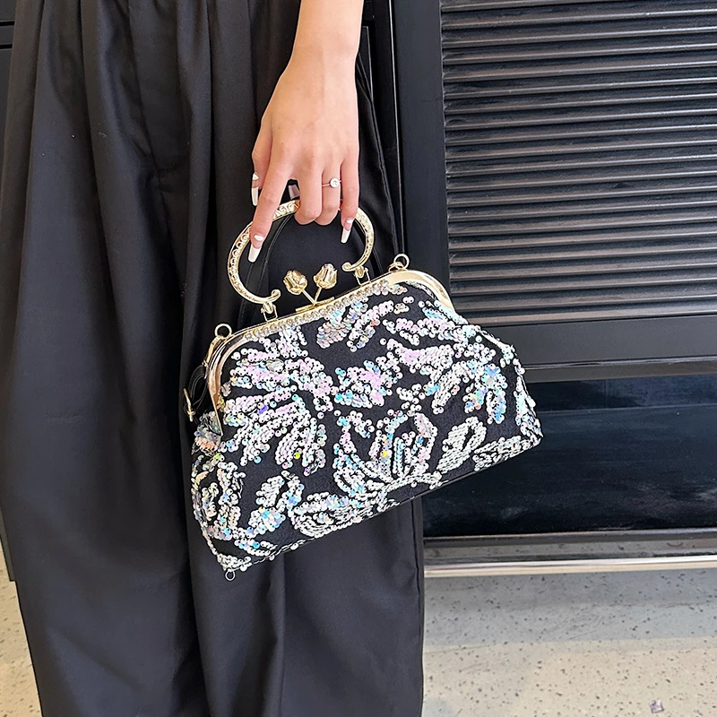 Луксозна Чанта С метална Дръжка, с Тенденция на Женската Чанта-миди С Пайети, Ретро чанта-Чонсам на Клипсе и портфейла си, Дизайнерска Дамска Чанта през рамо