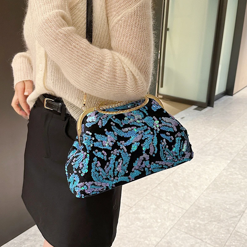 Луксозна Чанта С метална Дръжка, с Тенденция на Женската Чанта-миди С Пайети, Ретро чанта-Чонсам на Клипсе и портфейла си, Дизайнерска Дамска Чанта през рамо