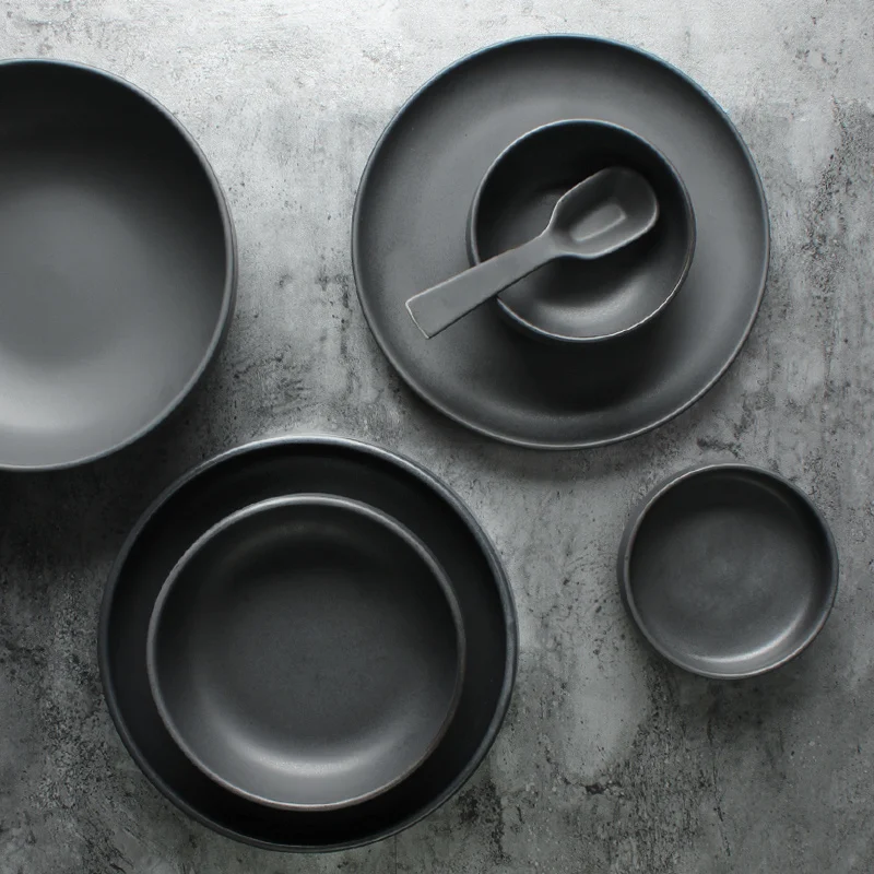 Колекция от керамични прибори матово тъмно сива плоска чиния домакински чиния пържола чиния за паста за зъби в скандинавски стил чиния за купата