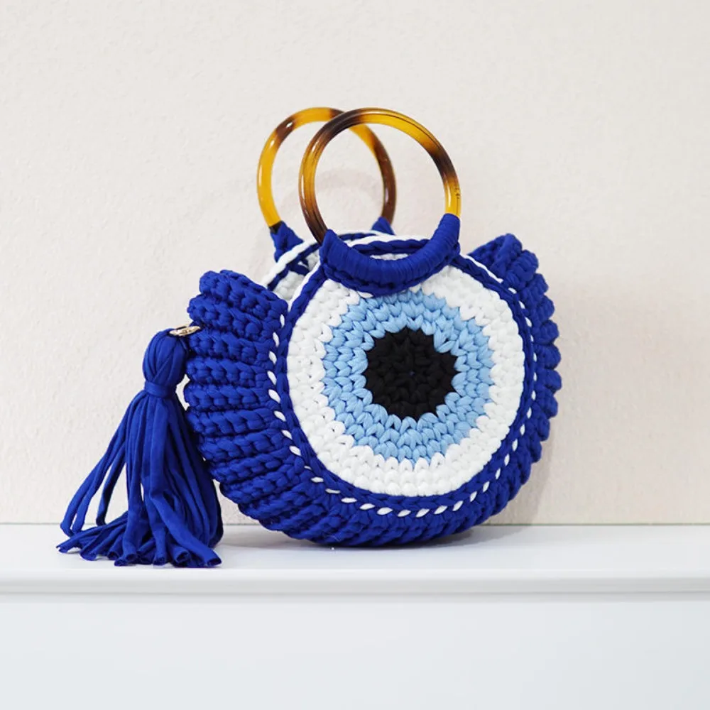 Чанта-тоут от въже в стил Бохо, Дамски Модни Универсална чанта с пискюли и очи, Тъкани кръгли чанти, Дамски плажна чанта ръчна изработка