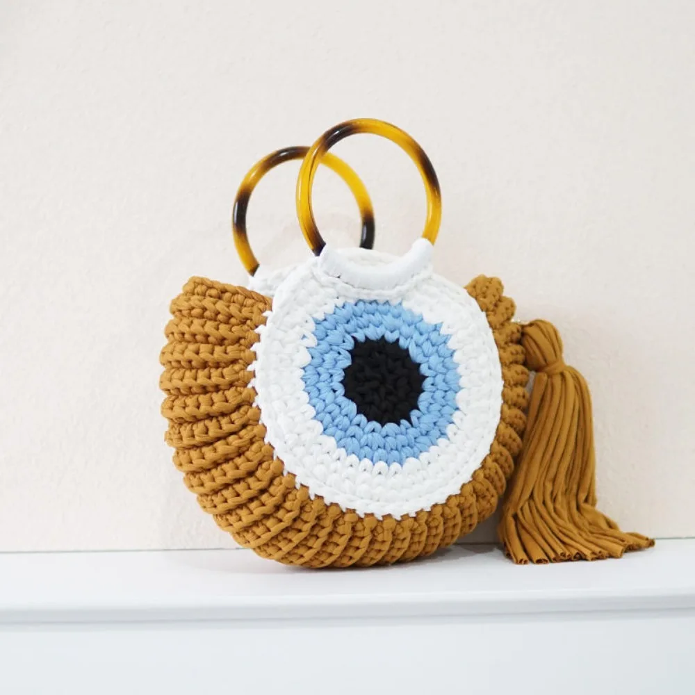 Чанта-тоут от въже в стил Бохо, Дамски Модни Универсална чанта с пискюли и очи, Тъкани кръгли чанти, Дамски плажна чанта ръчна изработка