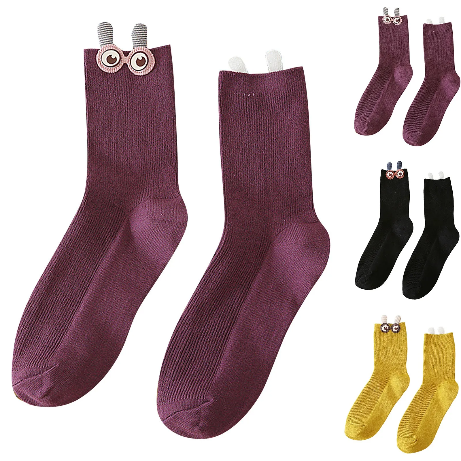 Жена Пролетно-есенен стил, Двойна игла, вертикална ивица, 3D Забавни Големи очи, Чорапи със средна ръкав, Държач за чорапи