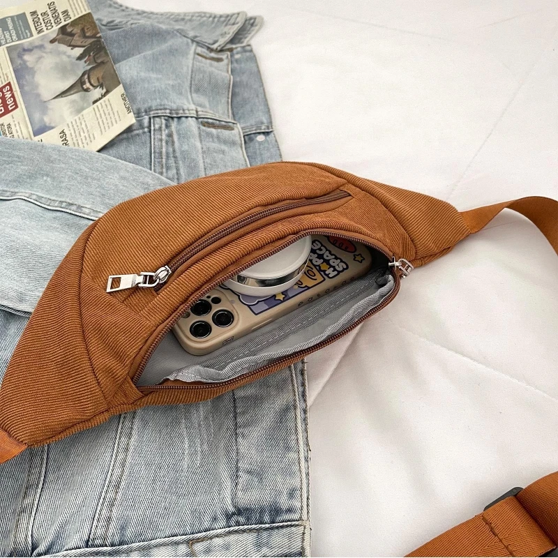 Вельветовая поясная чанта с цип, Отличителни чанти, Прашка, Спортна пътна модерна чанта за телефон за момичета, Дамски поясная чанта