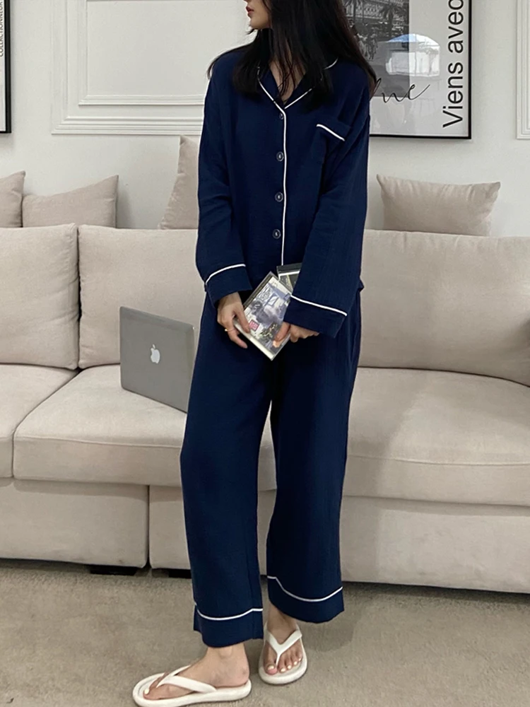 Есенна минималистичная пижами, комплект от две части, однобортные блузи с дълги ръкави, Панталони с еластичен ластик на талията, Ретро монофонични Пижамный костюм