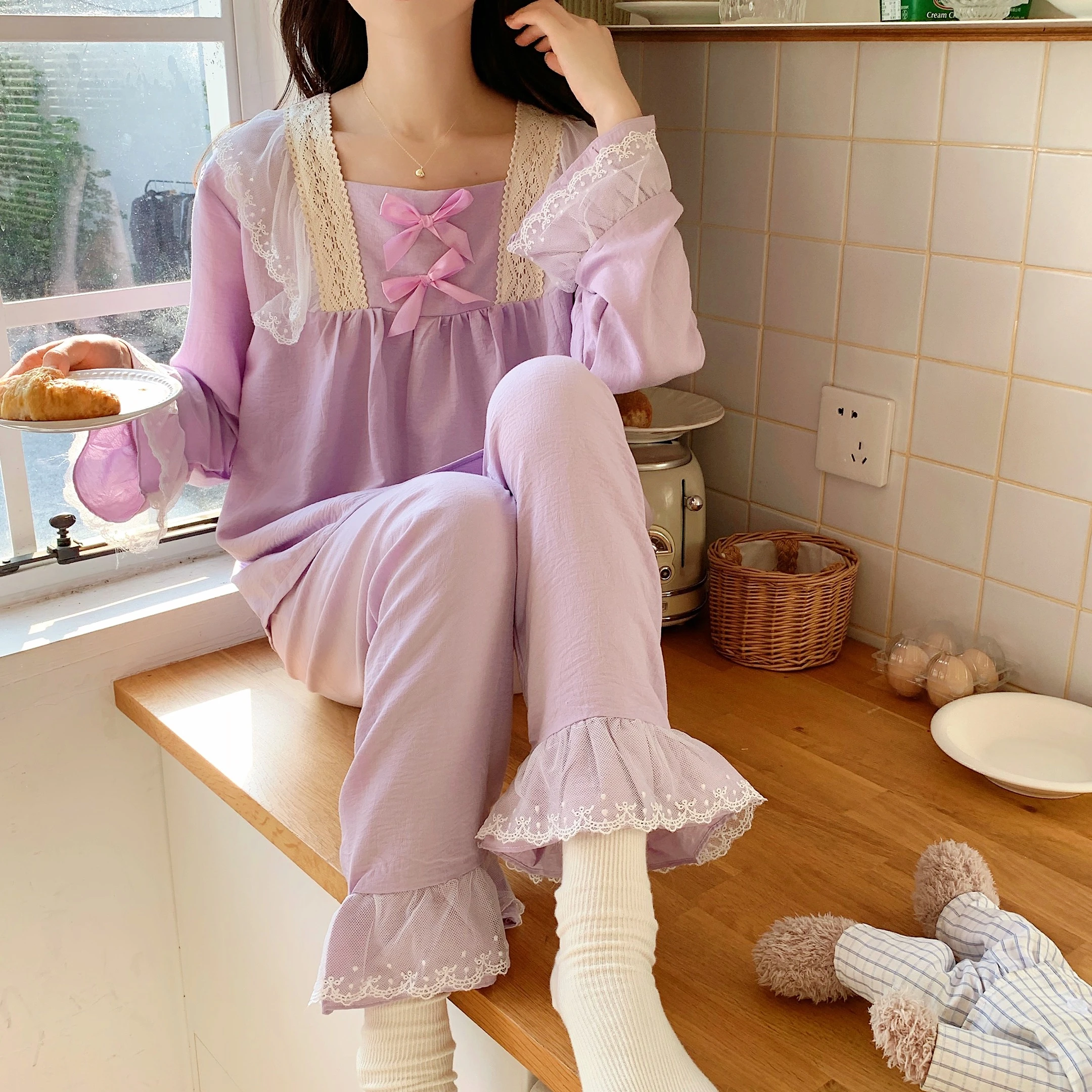 Плюс размери, Дамски Пижами С Дълъг ръкав, Комплект За жени Сън, Комплект от две части, Однотонная Свободна Ежедневни Пижами, Дамски Домашни дрехи