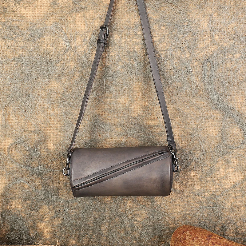 Висококачествена реколта кожена чанта-цилиндър с перекосом на едно рамо, мини чанта-цилиндър с перекосом на едно рамо за жени
