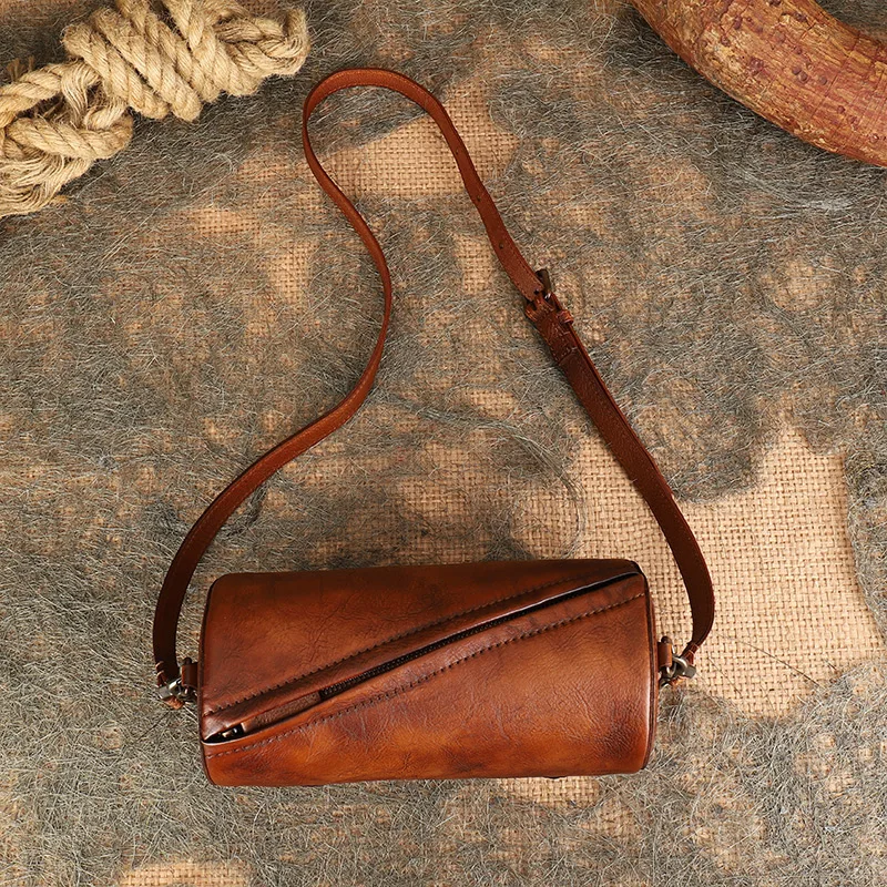 Висококачествена реколта кожена чанта-цилиндър с перекосом на едно рамо, мини чанта-цилиндър с перекосом на едно рамо за жени