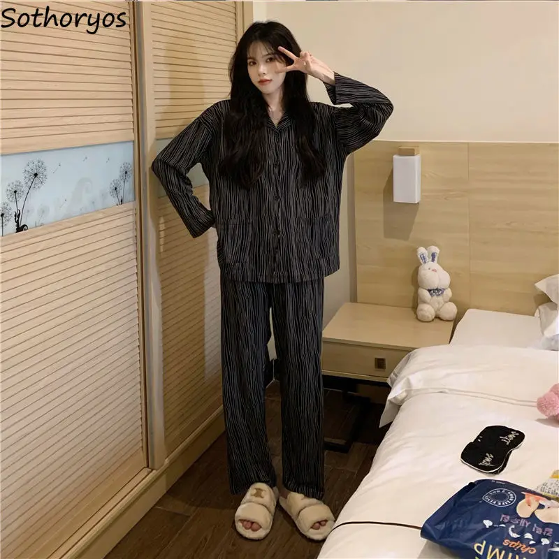 Пижамные комплекти Дамски райе, универсална рамка за почивка, Просто ретро минималистичен Корейски стил, млада есен, Елегантен модерен