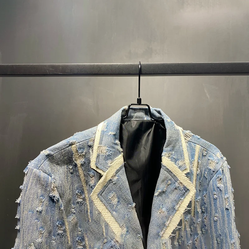 PFHQ Блейзър Дизайнерски Деним, износени дрехи, с дупки, Ежедневно сако от костюм с Високо качество 2023, Есен Елегантно модно палто, мъжки Безплатна доставка