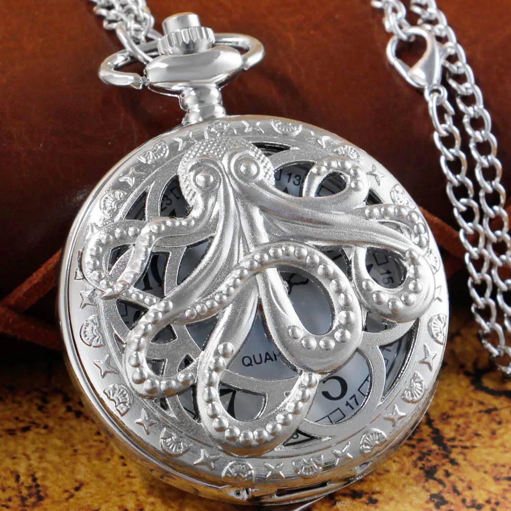 Сребърен Октопод, Нови Джобен часовник, Колие с веригата, Реколта джобни Унисекс часовници с кварцов механизъм, Подаръци reloj hombre