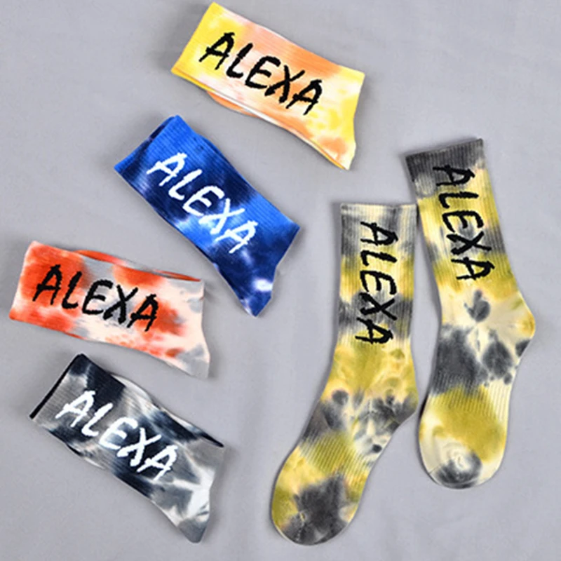 5 двойки Проектиране на Нови индивидуални чорапи Ins Вратовръзка Боядисват с жаккардовыми букви, Памучни Мъжки спортни Висока меки чорапи за екипажа на скейтборд