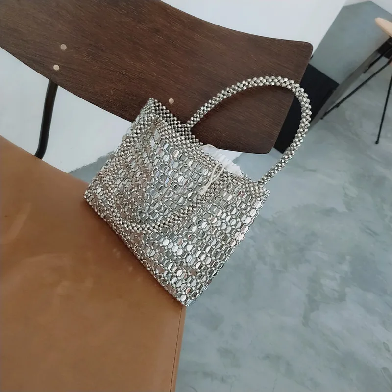 Дамска чанта XZAN ръчна изработка, Плетени от мъниста, Модни Сребриста чанта през рамо с пайети, Клатчи, дамски празнична чанта