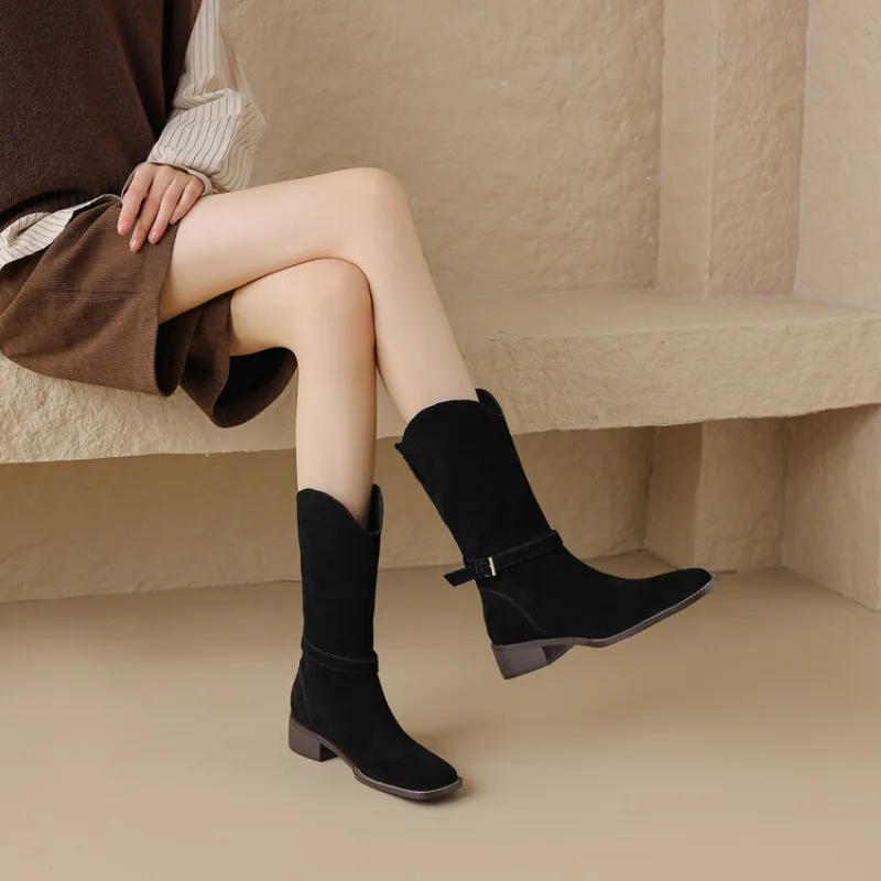 Ochanmeb/ Дамски обувки в западен стил от волска кожа, Велур на квадратен Ток с катарама до средата на прасците, дамски обувки, без съединителни в Ретро стил, Есен-зима 34-42
