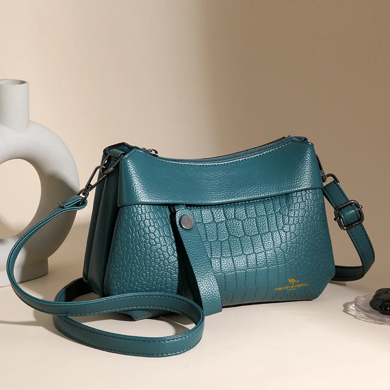 Луксозна чанта през рамо с изображение на Крокодил, 3 пласта, Женствена чанта от мека кожа, дамски брандираната чанта-месинджър Голям капацитет