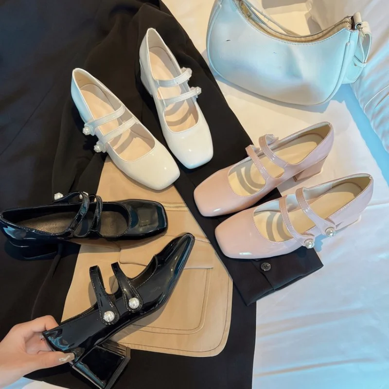 обувки женски Френски дамски обувки на висок ток 2023, Страхотни обувки Mary Jane, с Квадратни Пръсти, Кожени обувки с дебел ток, Скъпа Дамски обувки