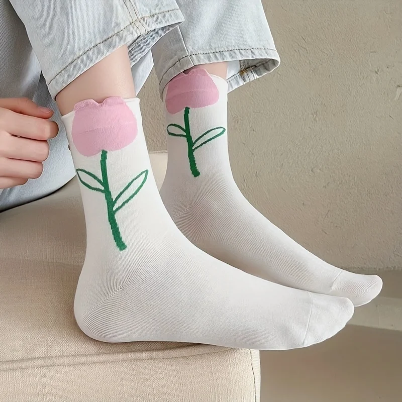 1 Чифт чорапи със средна дължина, с шарени лалета, за удобните и модерни на еластични чорапи със средна дължина