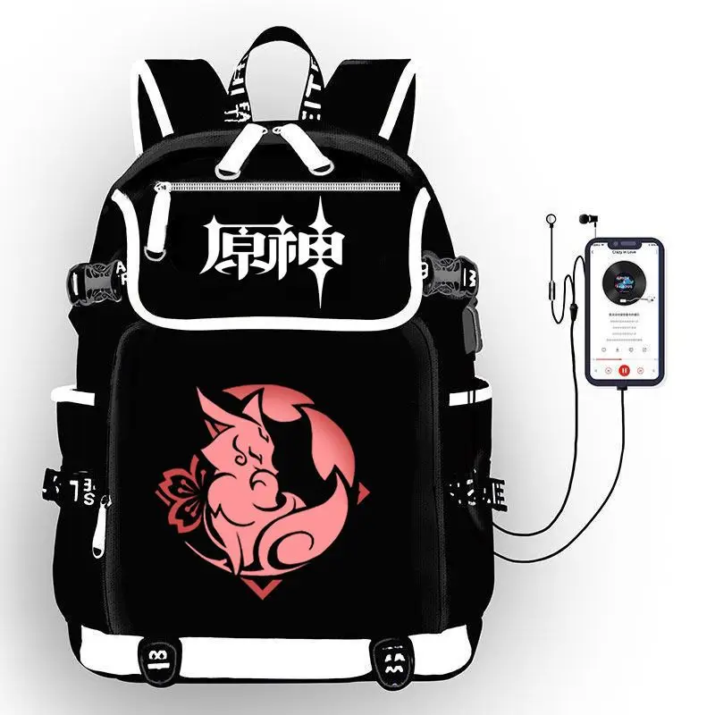 Genshin Impact Аниме USB порт раница, чанта детска, училищна книга за студенти открит раница за лаптоп Mochila
