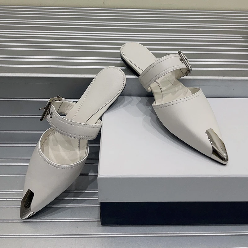 Летни Дамски чехли-мюли, висококачествени маркови модни сандали на равна подметка с остри пръсти от естествена кожа, Дамски обувки Pantuflas