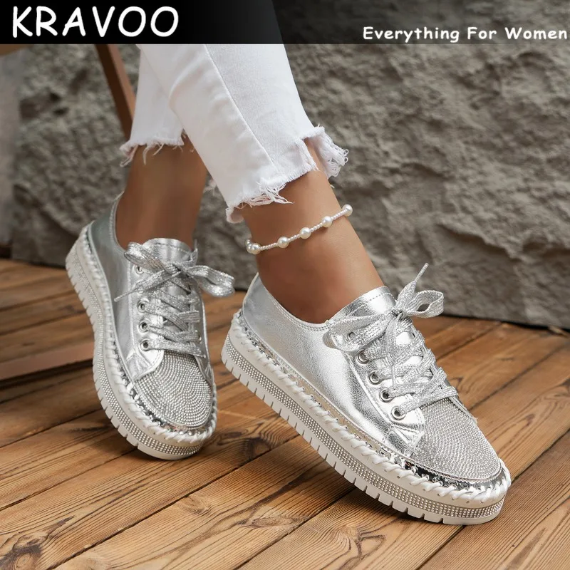 Дамски обувки с кристали KRAVOO, обувки на плоска подметка с шнур, Стаи за женски лоферы, Дамски спортни обувки с пайети, Бели маратонки за жени