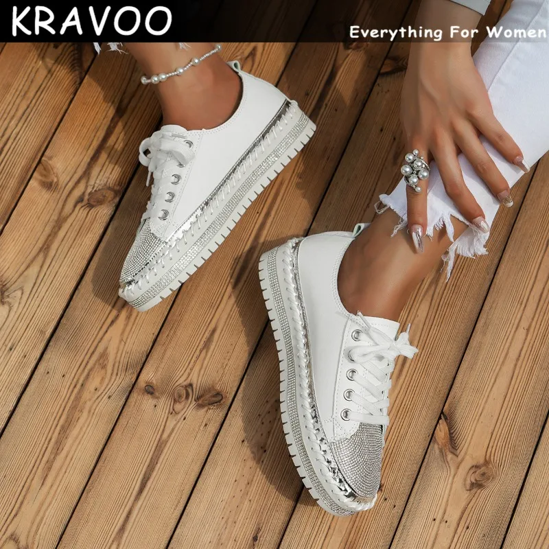 Дамски обувки с кристали KRAVOO, обувки на плоска подметка с шнур, Стаи за женски лоферы, Дамски спортни обувки с пайети, Бели маратонки за жени