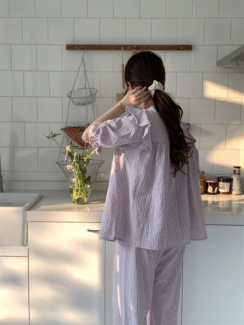 Клетчатая блуза с лък и накъдрен + панталон, Памук Случайни годишният пижамный комплект, Женски Сладък домашен костюм от две части, пижами Kawaii в корейски стил