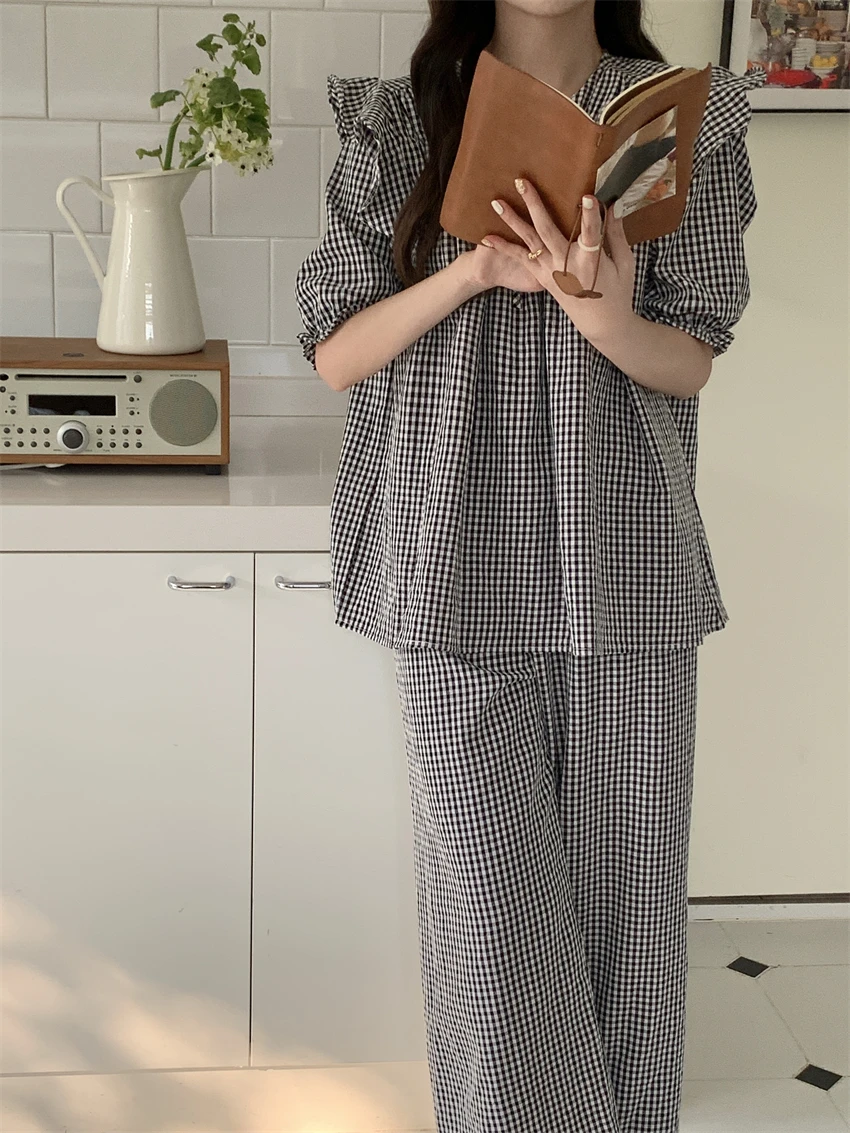 Клетчатая блуза с лък и накъдрен + панталон, Памук Случайни годишният пижамный комплект, Женски Сладък домашен костюм от две части, пижами Kawaii в корейски стил