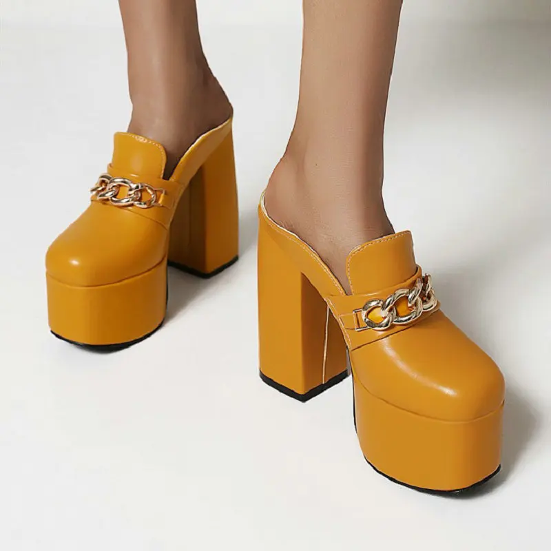 QPLYXCO/ Лятна Жълт Дамски обувки на платформа и висок ток в стил пънк-готик, дамски Сандали, без закопчалка, Джапанки-джапанки с метална верига