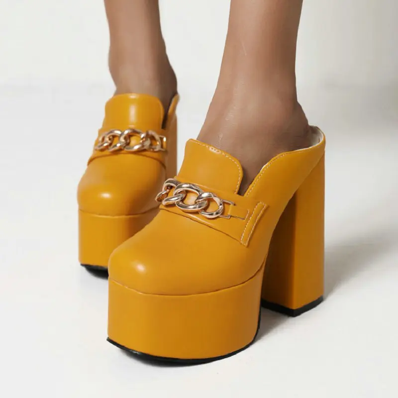 QPLYXCO/ Лятна Жълт Дамски обувки на платформа и висок ток в стил пънк-готик, дамски Сандали, без закопчалка, Джапанки-джапанки с метална верига
