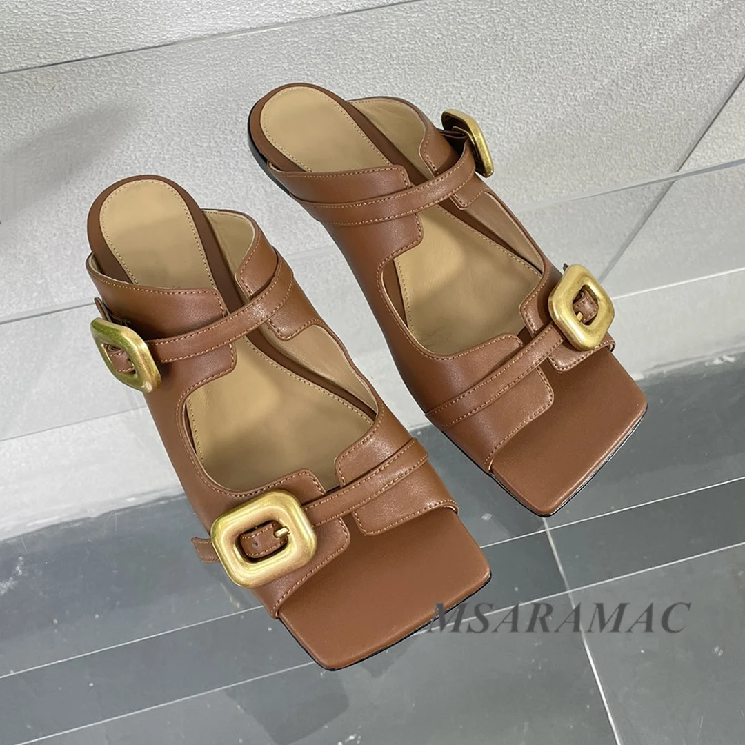 Летните чехли на равна подметка с двойна катарама, Чехли за баня в ретро стил от естествена кожа с Квадратна отворени пръсти, Модерни Улични дамски Ежедневни чехли