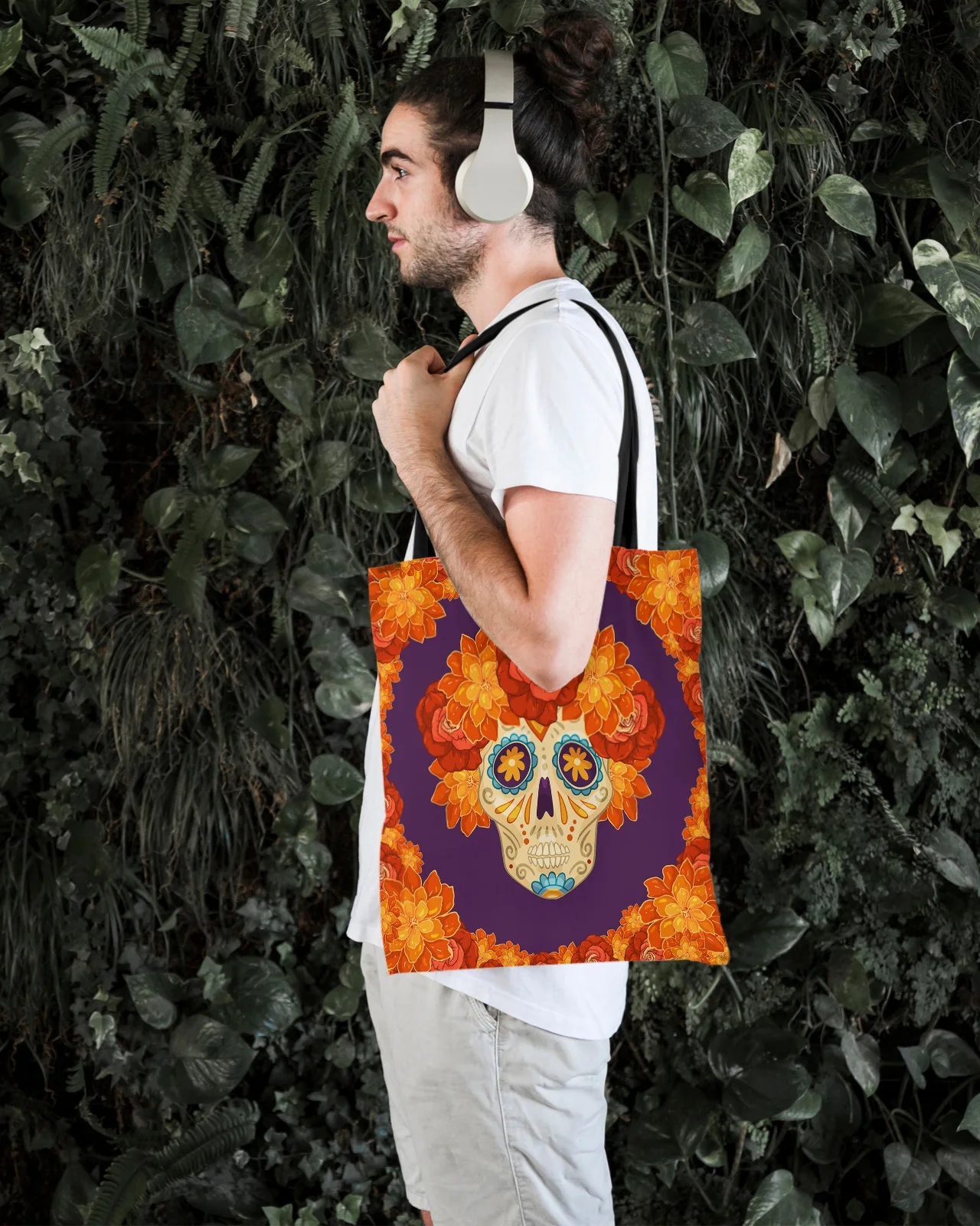 Мексиканска цвете чанта с черепа на Хелоуин за жени, холщовая чанта за пазаруване за многократна употреба студентски чанти за рамо