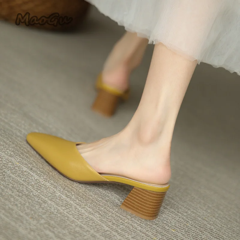 Летни Дамски Обувки Baotou, Новост 2023 година, Обикновен женски обувки-Муле с Квадратни Пръсти на висок Дебел Ток, без Закопчалка, Zapatillas Mujer