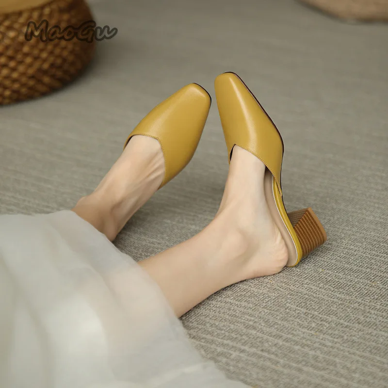 Летни Дамски Обувки Baotou, Новост 2023 година, Обикновен женски обувки-Муле с Квадратни Пръсти на висок Дебел Ток, без Закопчалка, Zapatillas Mujer