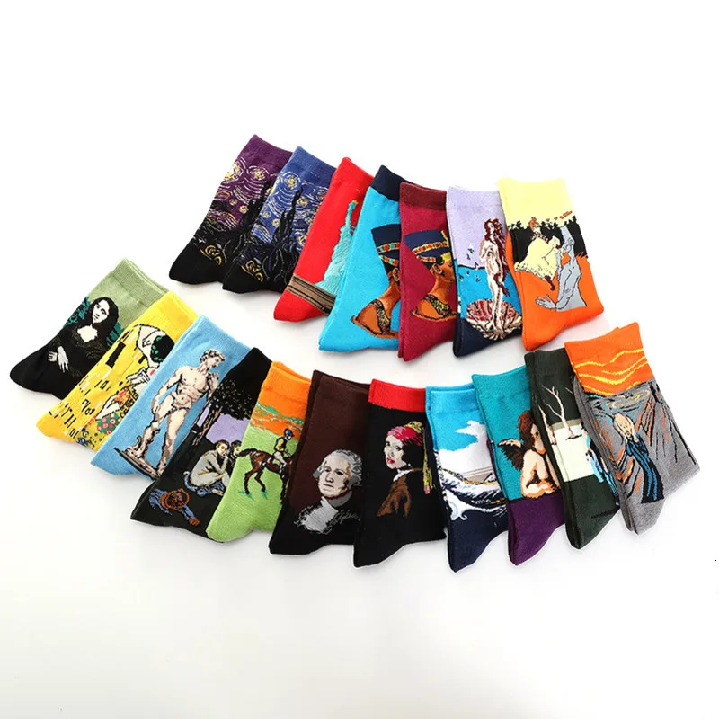 5 Двойки/лот Цветни Мъжки Чорапи Harajuku Happy Смешни Ежедневни Памучни Чорапи Starry Night Art Живопис с маслени бои, За Коледен Подарък