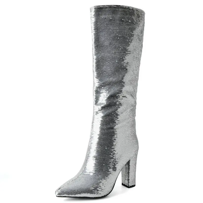 Сверкающая блестящи побрякушками дамски обувки Зимни Западна мода, високи токчета, плиссированный модел, златисто-бели широки ботуши до коляното