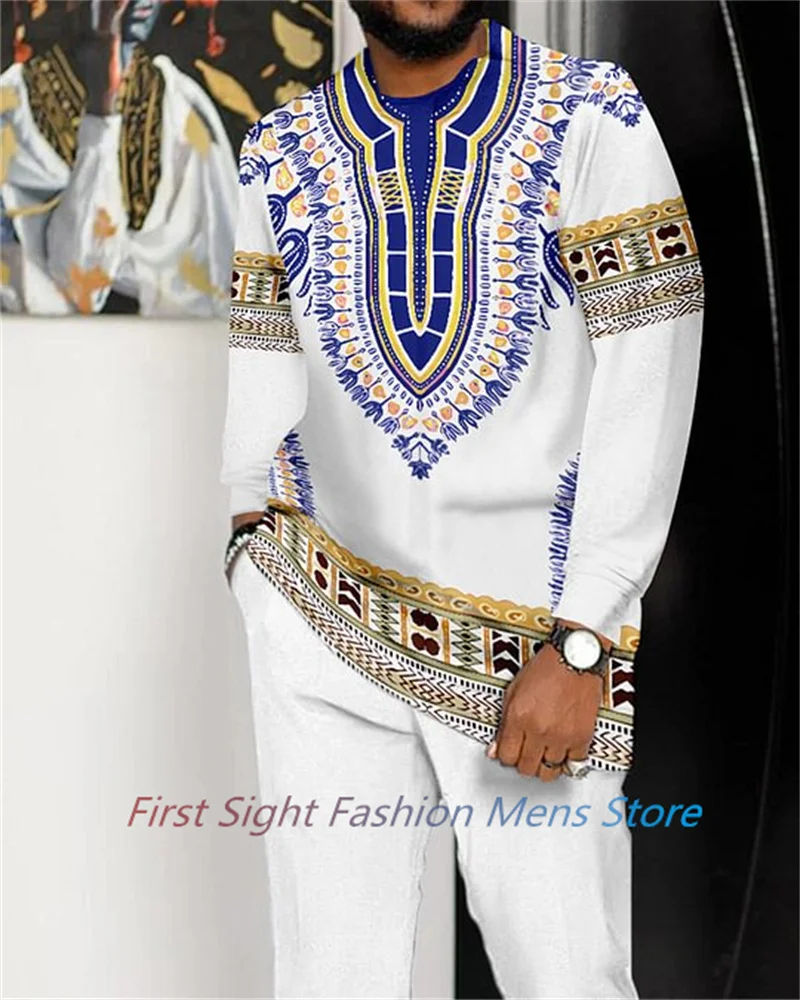 Традиционен костюм на Африканския мъжете, Ежедневни модни дрехи Оверсайз, Тенденции 2023 година за мъже, тениски с дълъг ръкав, Панталони, Комплект от 2 теми