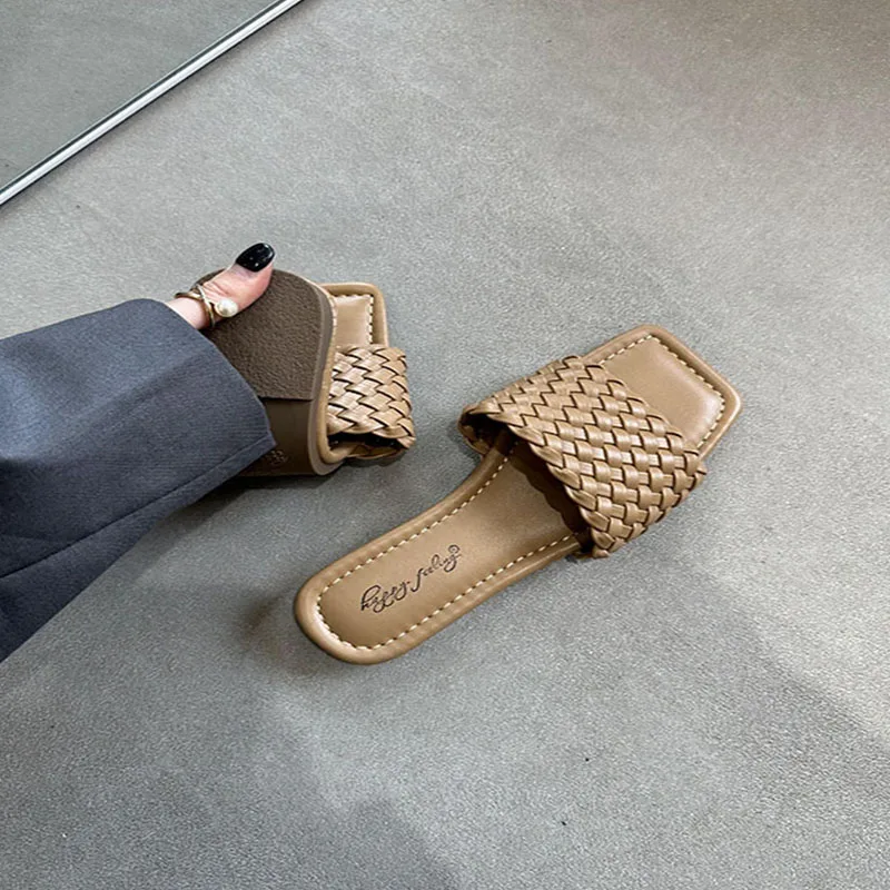 2023 Нови Летни Дамски Кафяви обувки на плоска подметка, Модерни Плетени Сандали без обков с отворени пръсти, Улични Плажни Джапанки, Пързалки