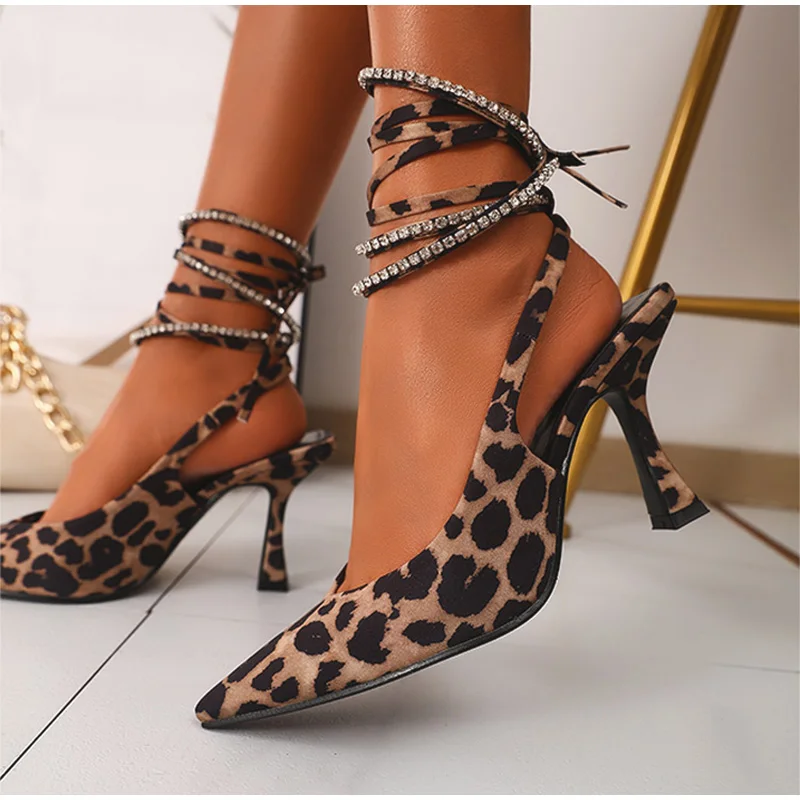 Дамски сандали на леопардовом пикантен ток, Сандали дантела с остри пръсти, дамски официални обувки с каишка на щиколотке, женски мюли, Нови