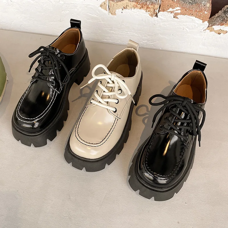 2023 г., Нова дамски обувки Lefu, Пролет и есен, Малки кожени обувки Matsuke на дебела подметка с вътрешен подем, фини обувки с дантела