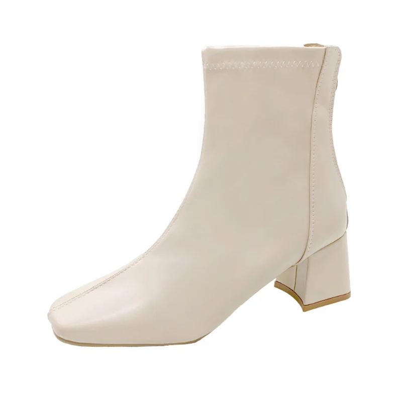 Бели ботуши до средата на прасците с цип, Луксозни дизайнерски обувки-Дамски сабо на платформата, ниска кожа, Есенна мода 2023 г., дамски обувки до средата на прасците