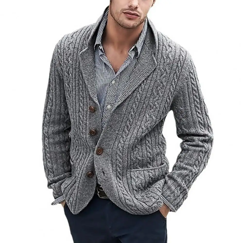 Мъжката есенно-зимния случайни пуловер, палто с отворотами, джобове с дълъг ръкав, однобортный мъжки вязаный жилетка с закручивающимися текстурными джобове