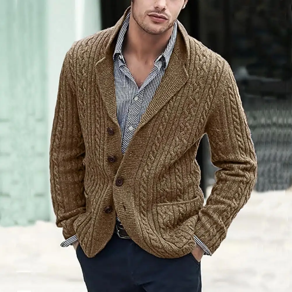 Мъжката есенно-зимния случайни пуловер, палто с отворотами, джобове с дълъг ръкав, однобортный мъжки вязаный жилетка с закручивающимися текстурными джобове