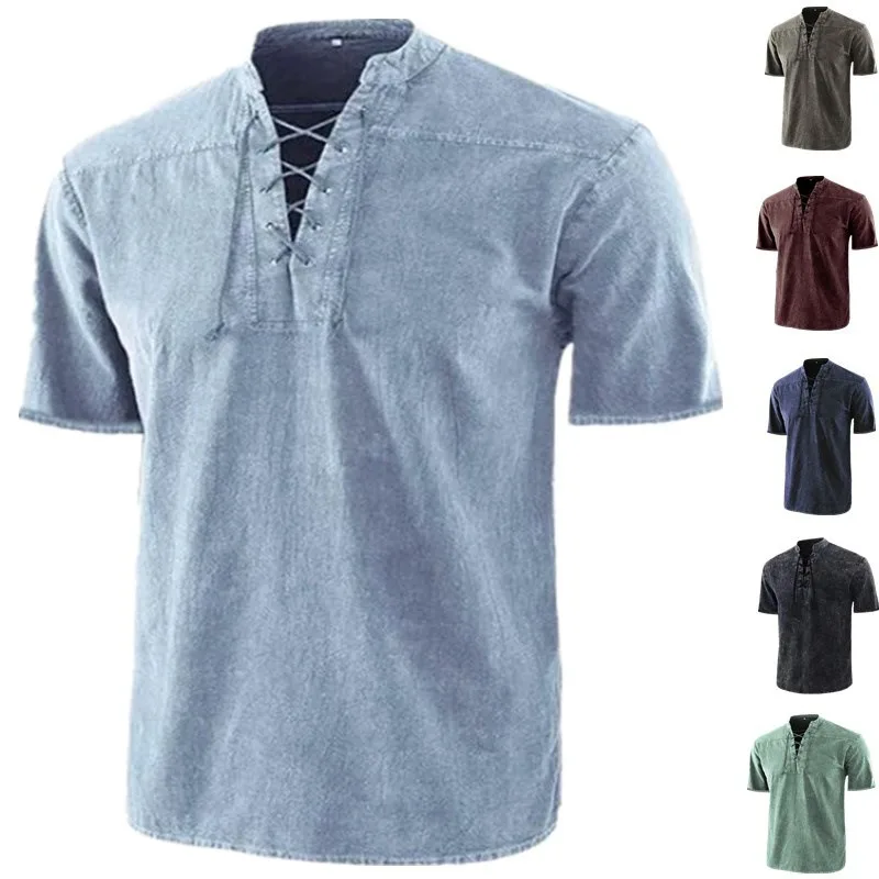 Риза от дантела в стил ретро, яка-часова, ежедневието на обикновен пуловер с къс ръкав, мъжки дрехи в ретро стил Сафари, модерен кросоувър