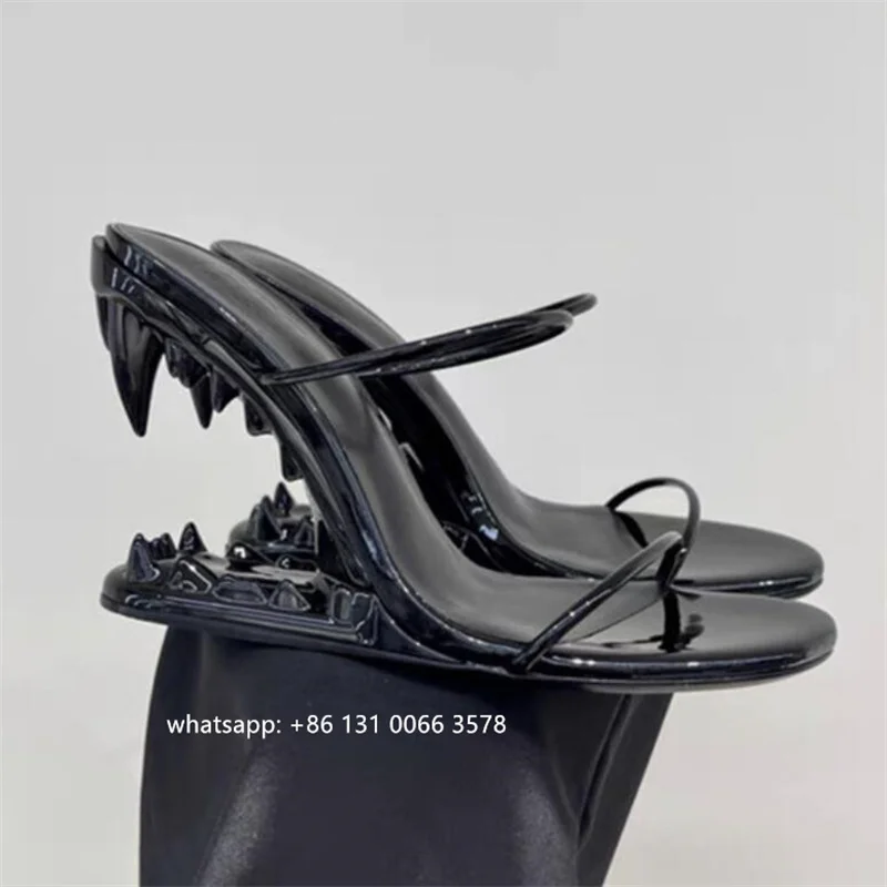 Метални зъби, дамски джапанки на нетрадиционни обувки, Модни летни сандали на високи токчета, Дамски обувки голям размер 34-44