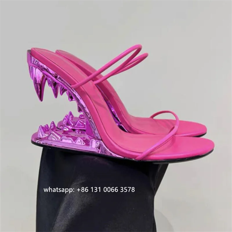 Метални зъби, дамски джапанки на нетрадиционни обувки, Модни летни сандали на високи токчета, Дамски обувки голям размер 34-44